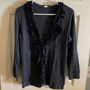 J. Crew gray ruffle front cardigan, size large